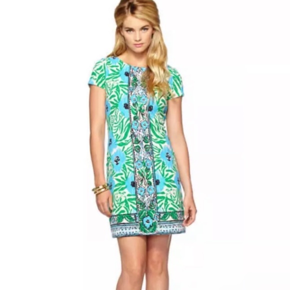 Lilly Pulitzer Layton Sea Oak Ikat Shift Dress Blue Green - Picture 1 of 5